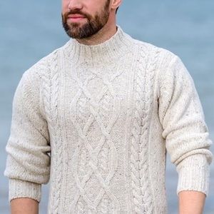 WOOL CASHMERE HAND KNIT ARAN MOCK TURTLENECK SWEATER